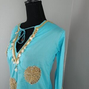 Barbara‎ Gerwit Tunic Womens Small Blue Beaded Boho Embroidered Bead Shell Top